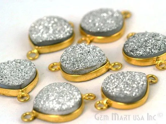 GemMartUSA Necklaces Natural Titanium Druzy 12mm Gold Double Bail Heart Bezel Connector