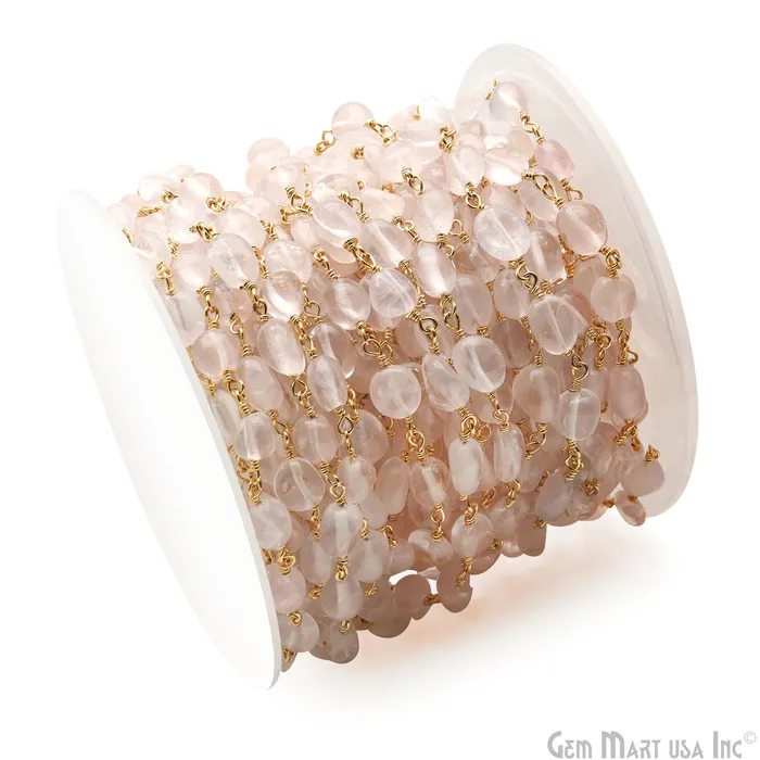 GemMartUSA Necklaces Rose Quartz 8x5mm Tumble Beads Gold Plated Rosary Chain GemMartUSA Necklaces Rose Quartz 8x5mm Tumble Beads Gold Plated Rosary Chain