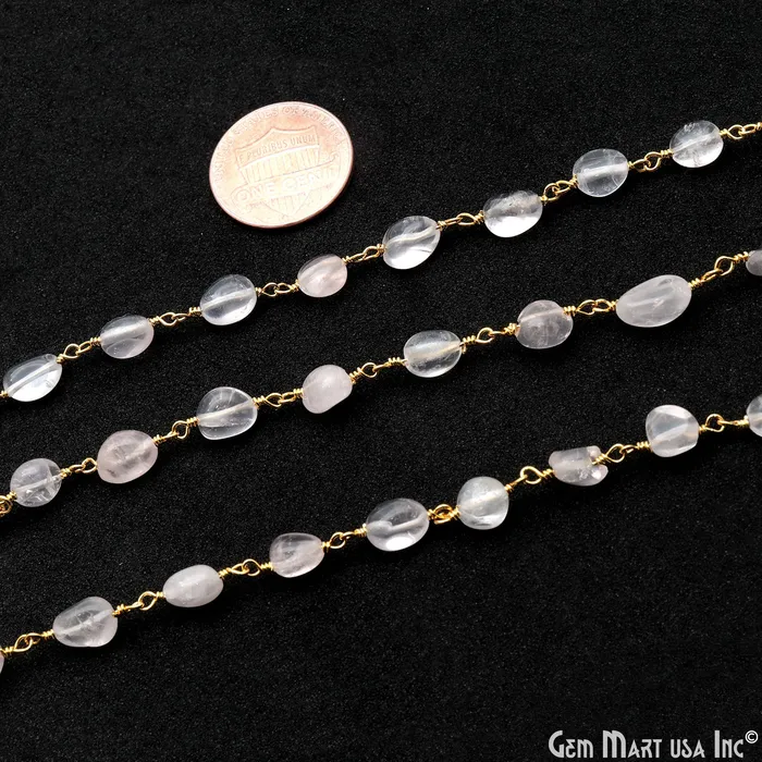 GemMartUSA Necklaces Rose Quartz 8x5mm Tumble Beads Gold Plated Rosary Chain GemMartUSA Necklaces Rose Quartz 8x5mm Tumble Beads Gold Plated Rosary Chain