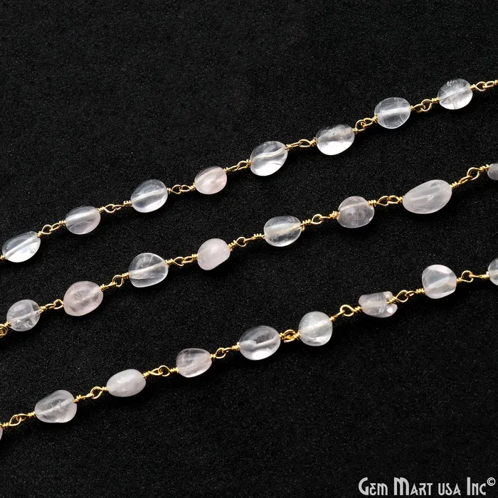 GemMartUSA Necklaces Rose Quartz 8x5mm Tumble Beads Gold Plated Rosary Chain GemMartUSA Necklaces Rose Quartz 8x5mm Tumble Beads Gold Plated Rosary Chain