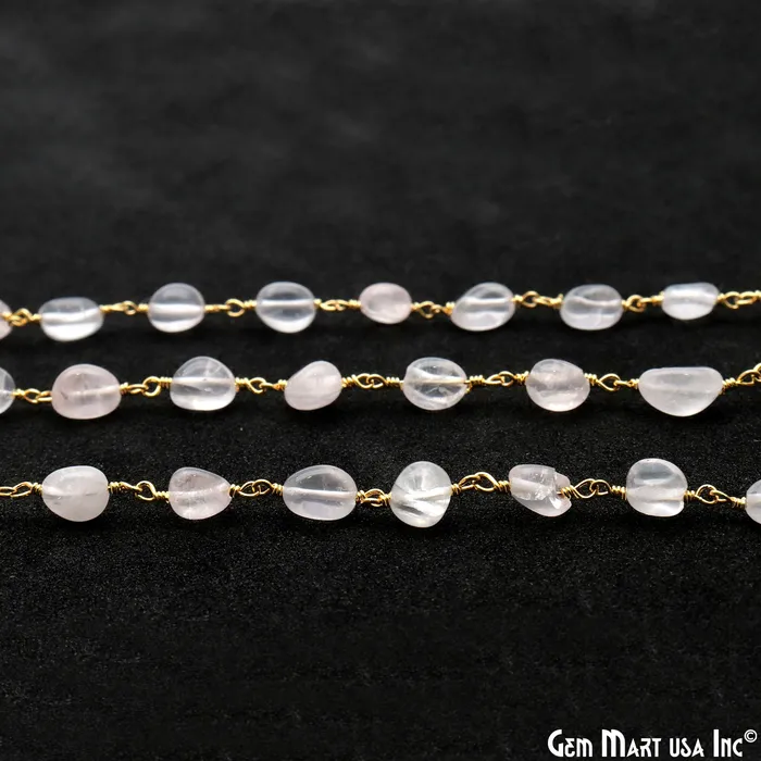 GemMartUSA Necklaces Rose Quartz 8x5mm Tumble Beads Gold Plated Rosary Chain GemMartUSA Necklaces Rose Quartz 8x5mm Tumble Beads Gold Plated Rosary Chain
