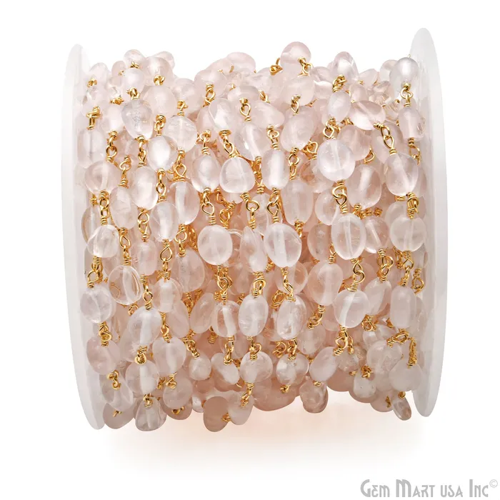 GemMartUSA Necklaces Rose Quartz 8x5mm Tumble Beads Gold Plated Rosary Chain GemMartUSA Necklaces Rose Quartz 8x5mm Tumble Beads Gold Plated Rosary Chain