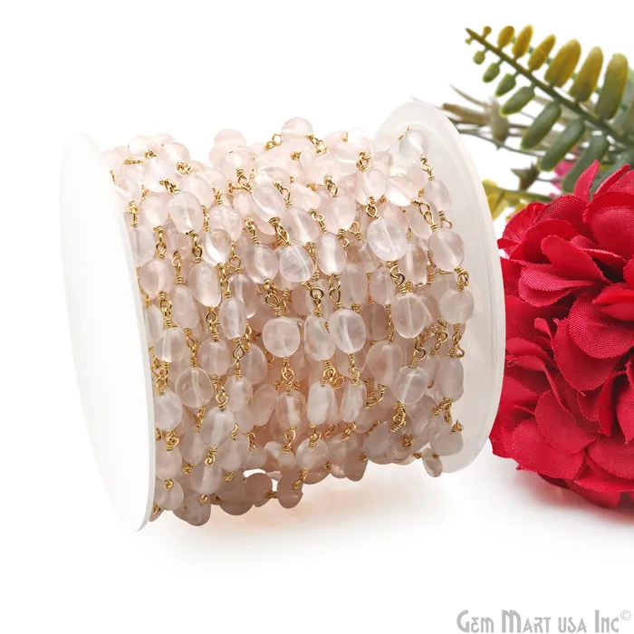 GemMartUSA Necklaces Rose Quartz 8x5mm Tumble Beads Gold Plated Rosary Chain GemMartUSA Necklaces Rose Quartz 8x5mm Tumble Beads Gold Plated Rosary Chain