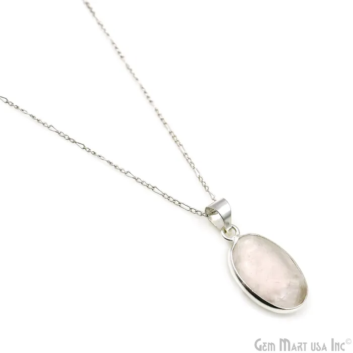 GemMartUSA Necklaces Rose Quartz Gemstone Oval 26x15mm Sterling Silver Necklace Pendant 1PC