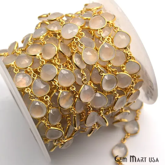 GemMartUSA Necklaces White Chalcedony 10mm Heart Gold Plated Bezel Continuous Connector Chain GemMartUSA Necklaces White Chalcedony 10mm Heart Gold Plated Bezel Continuous Connector Chain