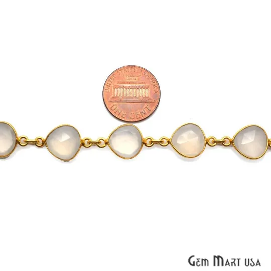 GemMartUSA Necklaces White Chalcedony 10mm Heart Gold Plated Bezel Continuous Connector Chain