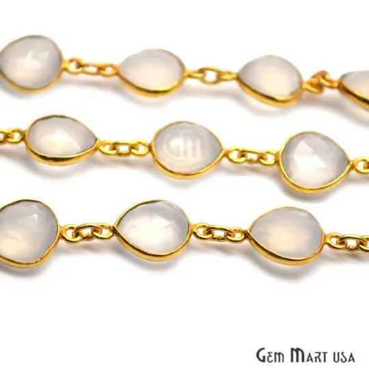 GemMartUSA Necklaces White Chalcedony 10mm Heart Gold Plated Bezel Continuous Connector Chain