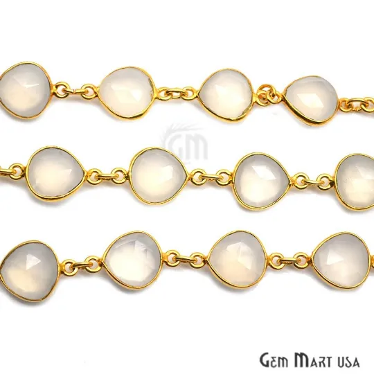GemMartUSA Necklaces White Chalcedony 10mm Heart Gold Plated Bezel Continuous Connector Chain