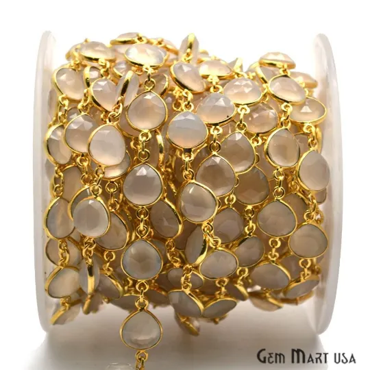 GemMartUSA Necklaces White Chalcedony 10mm Heart Gold Plated Bezel Continuous Connector Chain