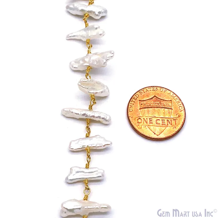 GemMartUSA Necklaces White Pearl Viva 14x4mm appx 24k Gold Plated Wire Wrapped Rosary Chain by foot GemMartUSA Necklaces White Pearl Viva 14x4mm appx 24k Gold Plated Wire Wrapped Rosary Chain by foot