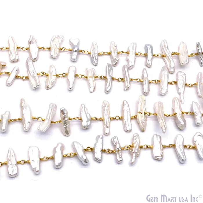 GemMartUSA Necklaces White Pearl Viva 14x4mm appx 24k Gold Plated Wire Wrapped Rosary Chain by foot GemMartUSA Necklaces White Pearl Viva 14x4mm appx 24k Gold Plated Wire Wrapped Rosary Chain by foot