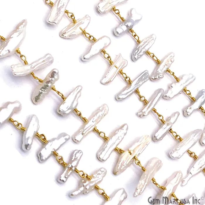 GemMartUSA Necklaces White Pearl Viva 14x4mm appx 24k Gold Plated Wire Wrapped Rosary Chain by foot GemMartUSA Necklaces White Pearl Viva 14x4mm appx 24k Gold Plated Wire Wrapped Rosary Chain by foot