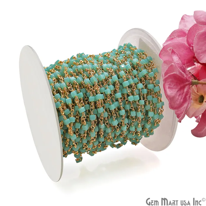 GemMartUSA PreStyled Sets Dark Aqua Chalcedony Cube Faceted 2mm Gold Wire Wrapped Rosary Chain GemMartUSA PreStyled Sets Dark Aqua Chalcedony Cube Faceted 2mm Gold Wire Wrapped Rosary Chain