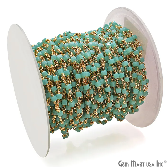 GemMartUSA PreStyled Sets Dark Aqua Chalcedony Cube Faceted 2mm Gold Wire Wrapped Rosary Chain