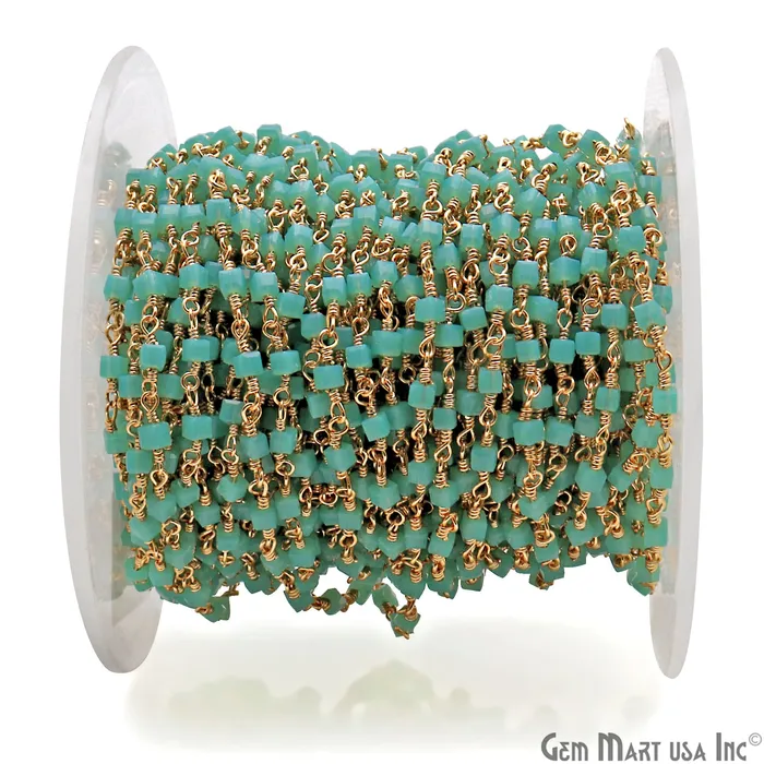 GemMartUSA PreStyled Sets Dark Aqua Chalcedony Cube Faceted 2mm Gold Wire Wrapped Rosary Chain