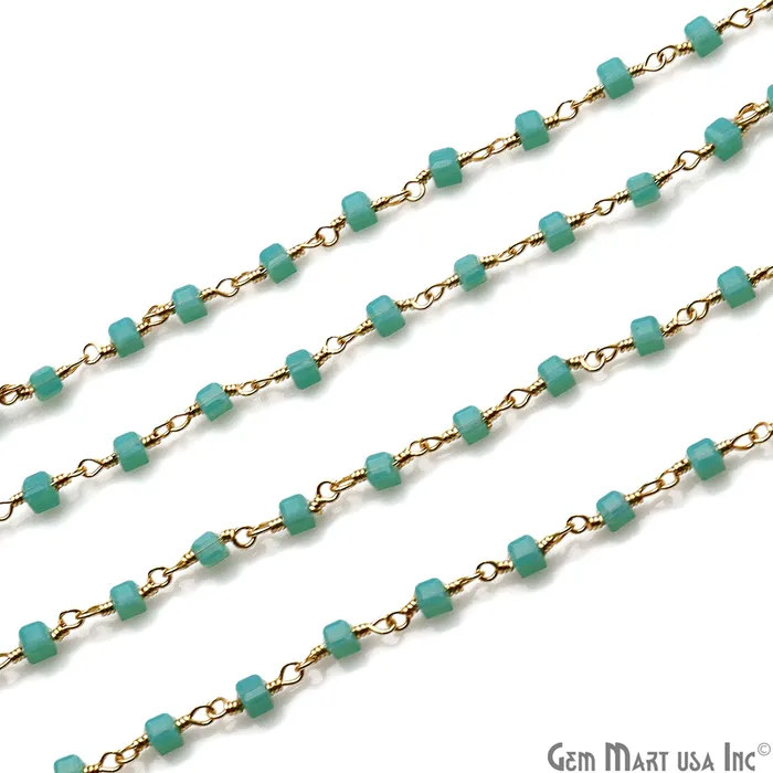 GemMartUSA PreStyled Sets Dark Aqua Chalcedony Cube Faceted 2mm Gold Wire Wrapped Rosary Chain