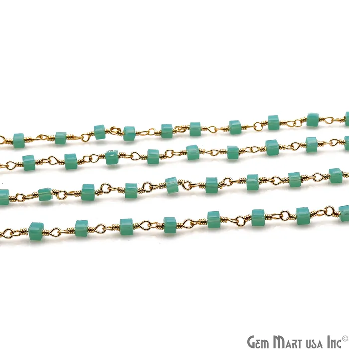 GemMartUSA PreStyled Sets Dark Aqua Chalcedony Cube Faceted 2mm Gold Wire Wrapped Rosary Chain