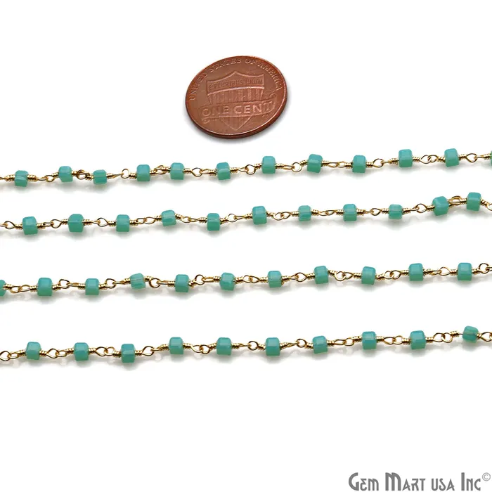 GemMartUSA PreStyled Sets Dark Aqua Chalcedony Cube Faceted 2mm Gold Wire Wrapped Rosary Chain