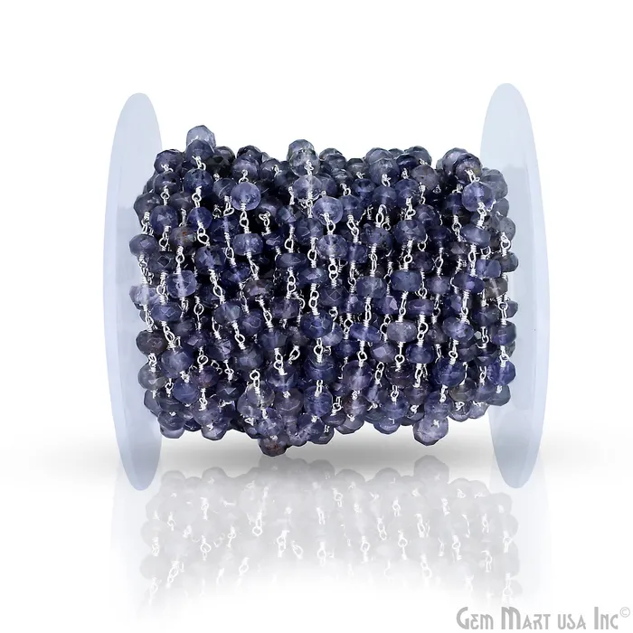GemMartUSA Rings Iolite Jade 6mm Round Beads Silver Plated Wire Wrapped Rosary Chain