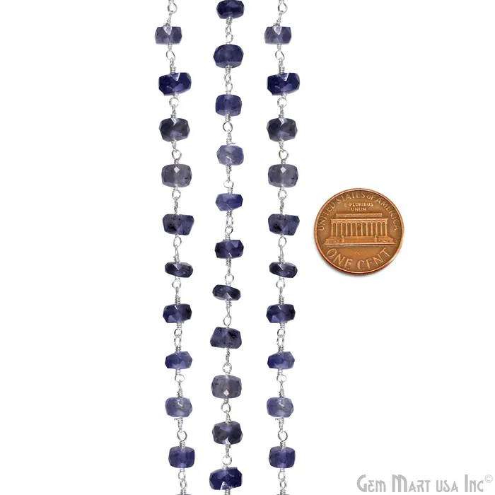 GemMartUSA Rings Iolite Jade 6mm Round Beads Silver Plated Wire Wrapped Rosary Chain