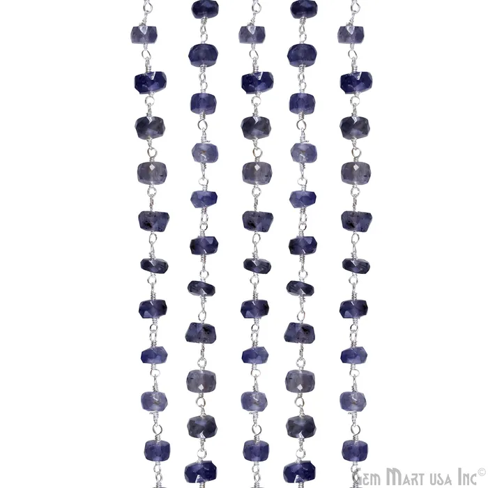 GemMartUSA Rings Iolite Jade 6mm Round Beads Silver Plated Wire Wrapped Rosary Chain