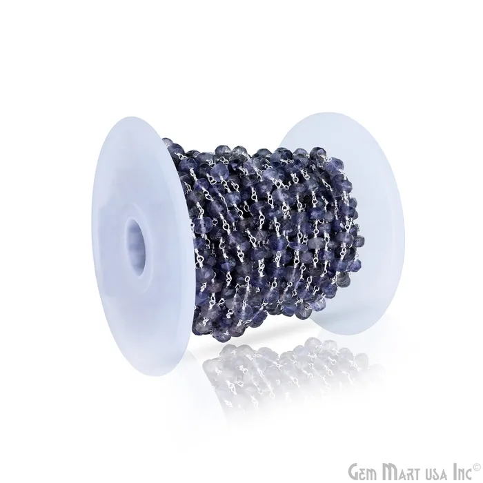 GemMartUSA Rings Iolite Jade 6mm Round Beads Silver Plated Wire Wrapped Rosary Chain