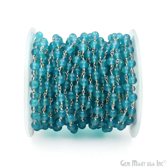 GemMartUSA Rings Sky Blue Jade Cabochon Beads 6mm Silver Plated Gemstone Rosary Chain