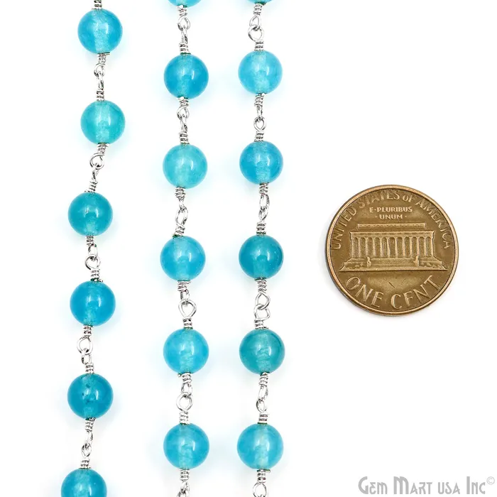 GemMartUSA Rings Sky Blue Jade Cabochon Beads 6mm Silver Plated Gemstone Rosary Chain GemMartUSA Rings Sky Blue Jade Cabochon Beads 6mm Silver Plated Gemstone Rosary Chain