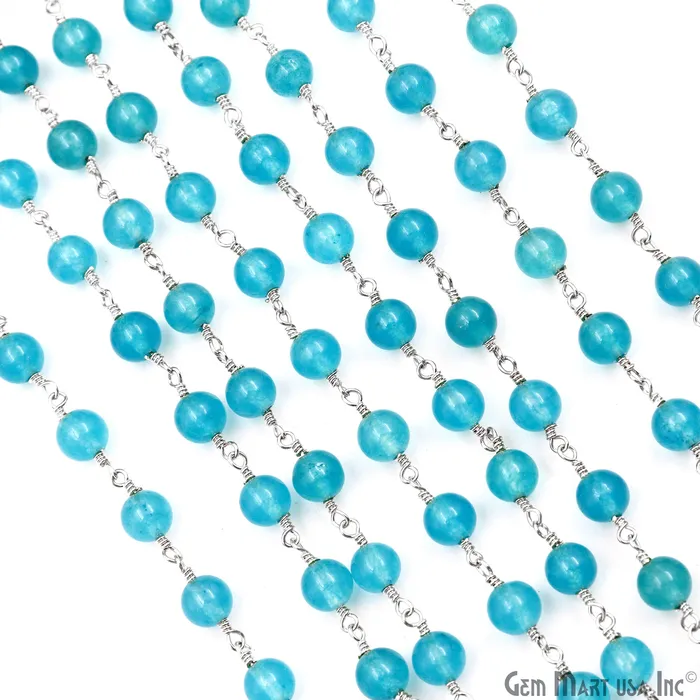 GemMartUSA Rings Sky Blue Jade Cabochon Beads 6mm Silver Plated Gemstone Rosary Chain GemMartUSA Rings Sky Blue Jade Cabochon Beads 6mm Silver Plated Gemstone Rosary Chain