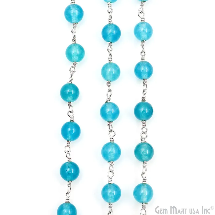 GemMartUSA Rings Sky Blue Jade Cabochon Beads 6mm Silver Plated Gemstone Rosary Chain GemMartUSA Rings Sky Blue Jade Cabochon Beads 6mm Silver Plated Gemstone Rosary Chain
