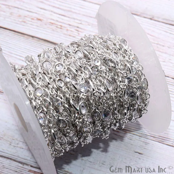 GemmartUSA Rings White Zirconia Gemstone Bezeled Round and Oval Silver Plated Continuous Connector Chain GemmartUSA Rings White Zirconia Gemstone Bezeled Round and Oval Silver Plated Continuous Connector Chain