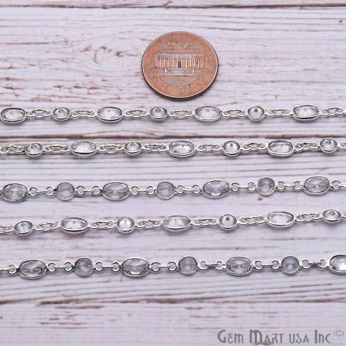 GemmartUSA Rings White Zirconia Gemstone Bezeled Round and Oval Silver Plated Continuous Connector Chain GemmartUSA Rings White Zirconia Gemstone Bezeled Round and Oval Silver Plated Continuous Connector Chain