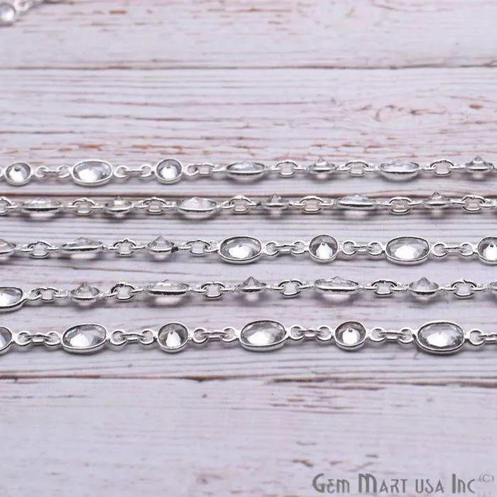 GemmartUSA Rings White Zirconia Gemstone Bezeled Round and Oval Silver Plated Continuous Connector Chain GemmartUSA Rings White Zirconia Gemstone Bezeled Round and Oval Silver Plated Continuous Connector Chain