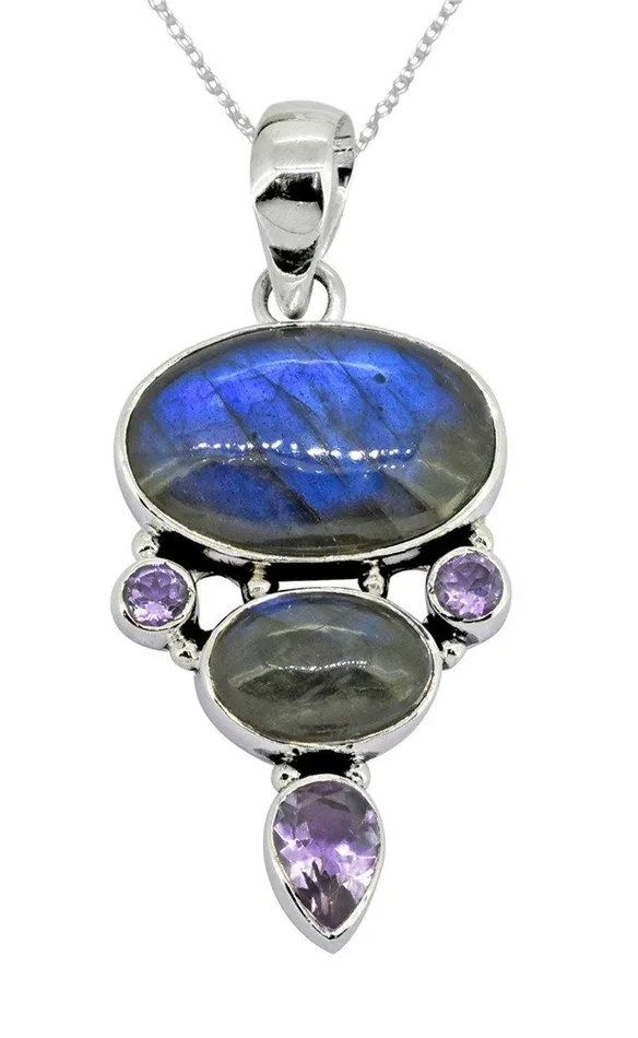 Labradorite Amethyst Solid 925 Sterling Silver Pendant Necklace YoTreasure Necklaces Labradorite Amethyst Solid 925 Sterling Silver Pendant Necklace YoTreasure Necklaces
