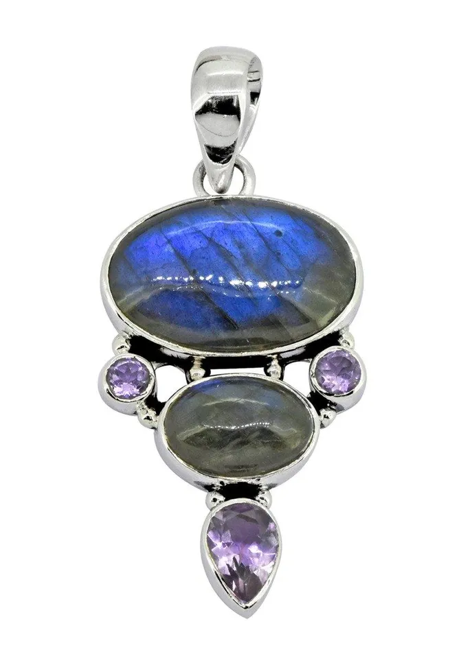 Labradorite Amethyst Solid 925 Sterling Silver Pendant Necklace YoTreasure Necklaces
