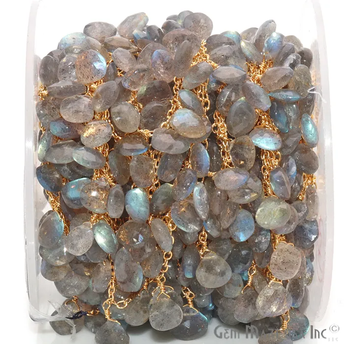 Labradorite Tear Drop Beaded Gold Wire Wrapped Dangle Rosary Chain GemmartUSA Earrings Labradorite Tear Drop Beaded Gold Wire Wrapped Dangle Rosary Chain GemmartUSA Earrings