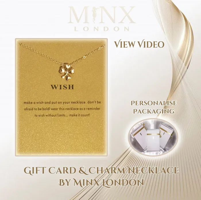 Minx London Necklaces Gold Clover Necklace Pendant with Gift Card by Minx London wish four leaf clover pendant charms lucky charm gift card personalised Minx London Necklaces Gold Clover Necklace Pendant with Gift Card by Minx London wish four leaf clover pendant charms lucky charm gift card personalised