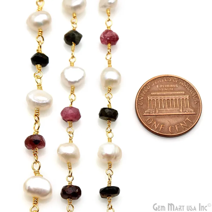Multi Tourmaline Freshwater Pearl Gold Plated Wire Wrapped Rosary Chain GemMartUSA Necklaces Multi Tourmaline Freshwater Pearl Gold Plated Wire Wrapped Rosary Chain GemMartUSA Necklaces