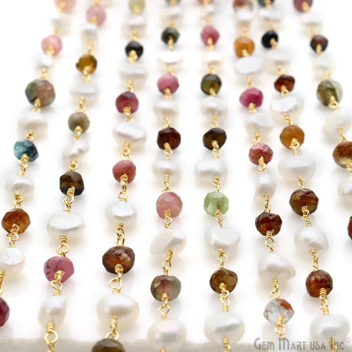 Multi Tourmaline Freshwater Pearl Gold Plated Wire Wrapped Rosary Chain GemMartUSA Necklaces Multi Tourmaline Freshwater Pearl Gold Plated Wire Wrapped Rosary Chain GemMartUSA Necklaces
