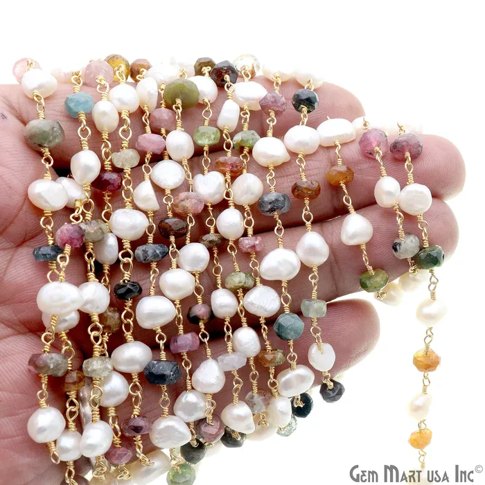 Multi Tourmaline Freshwater Pearl Gold Plated Wire Wrapped Rosary Chain GemMartUSA Necklaces Multi Tourmaline Freshwater Pearl Gold Plated Wire Wrapped Rosary Chain GemMartUSA Necklaces