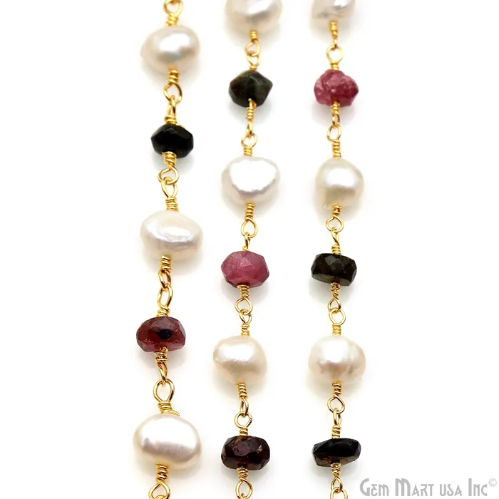 Multi Tourmaline Freshwater Pearl Gold Plated Wire Wrapped Rosary Chain GemMartUSA Necklaces Multi Tourmaline Freshwater Pearl Gold Plated Wire Wrapped Rosary Chain GemMartUSA Necklaces