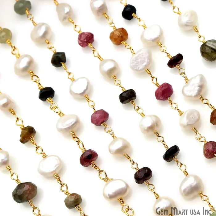 Multi Tourmaline Freshwater Pearl Gold Plated Wire Wrapped Rosary Chain GemMartUSA Necklaces Multi Tourmaline Freshwater Pearl Gold Plated Wire Wrapped Rosary Chain GemMartUSA Necklaces