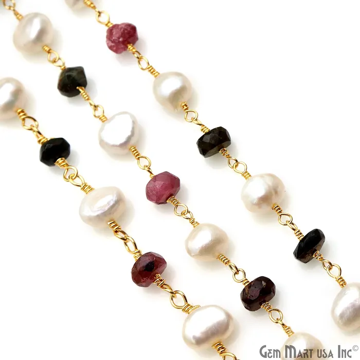 Multi Tourmaline Freshwater Pearl Gold Plated Wire Wrapped Rosary Chain GemMartUSA Necklaces Multi Tourmaline Freshwater Pearl Gold Plated Wire Wrapped Rosary Chain GemMartUSA Necklaces