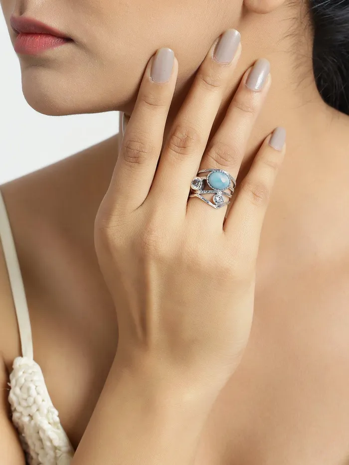 Natural Larimar Blue Topaz Solid 925 Sterling Silver Designer Bypass Ring Jewelry YoTreasure Rings