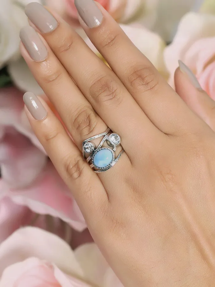 Natural Larimar Blue Topaz Solid 925 Sterling Silver Designer Bypass Ring Jewelry YoTreasure Rings
