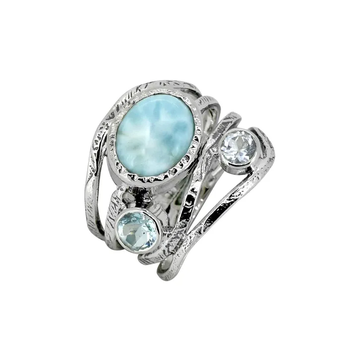 Natural Larimar Blue Topaz Solid 925 Sterling Silver Designer Bypass Ring Jewelry YoTreasure Rings