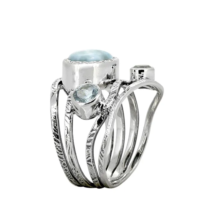 Natural Larimar Blue Topaz Solid 925 Sterling Silver Designer Bypass Ring Jewelry YoTreasure Rings