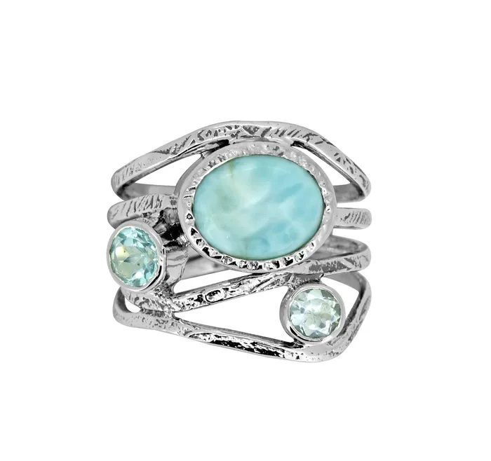 Natural Larimar Blue Topaz Solid 925 Sterling Silver Designer Bypass Ring Jewelry YoTreasure Rings