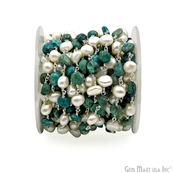Necklaces GemMartUSA Chrysocolla Tumble Beads 8x5mm Pearl 78mm Beads Silver Plated Rosary Chain Necklaces GemMartUSA Chrysocolla Tumble Beads 8x5mm Pearl 78mm Beads Silver Plated Rosary Chain