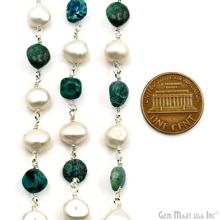 Necklaces GemMartUSA Chrysocolla Tumble Beads 8x5mm Pearl 78mm Beads Silver Plated Rosary Chain Necklaces GemMartUSA Chrysocolla Tumble Beads 8x5mm Pearl 78mm Beads Silver Plated Rosary Chain